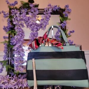 LOW START B. Makowsky Navy Mint Green Leather Marina Satchel